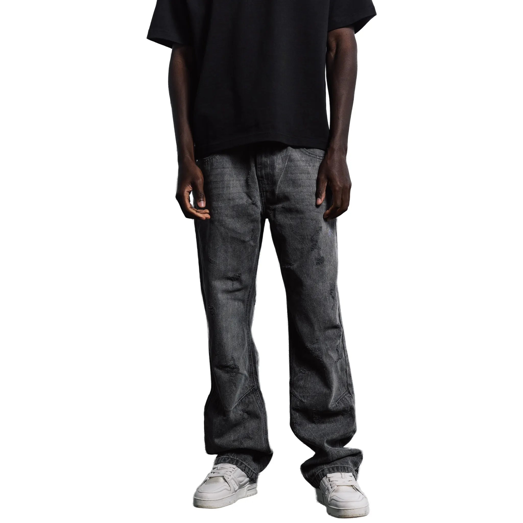 Model View of Bénir Clothing Distressed Stone Grey Jeans DIST-VINTGRY